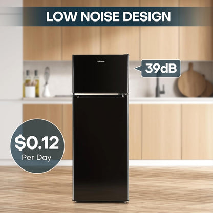 7.7 Cu.Ft. Refrigerator with Freezer, Double Door Fridge, Adjustable Thermostat, Large Capacity, Reversible Door Swing, Refrigerator for Apartment, Office, Dorm, Black（Bd75）