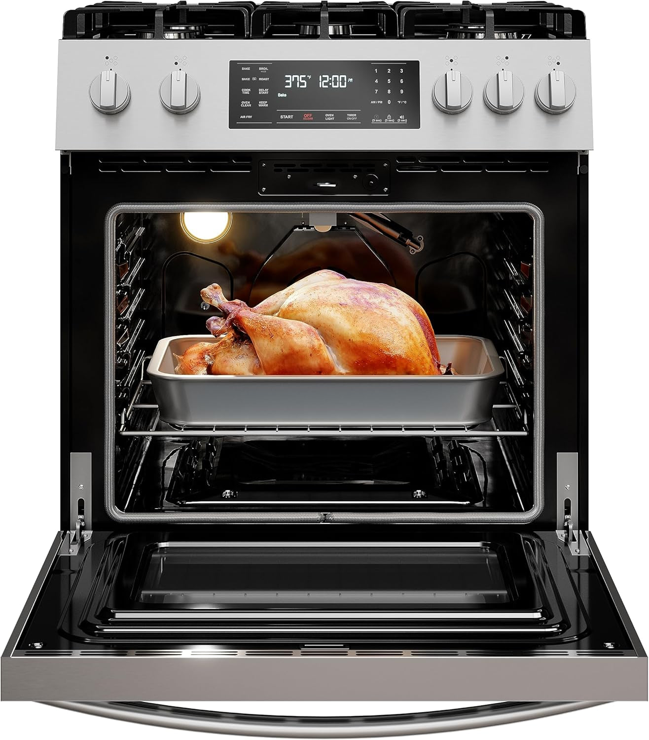 Front Control Gas Range Oven with 5 Cooktop Burners, True Convection, Steam and Self Clean, Freestanding Stainless Steel Stove and Oven, 4.8 Cu. Ft. Capacity