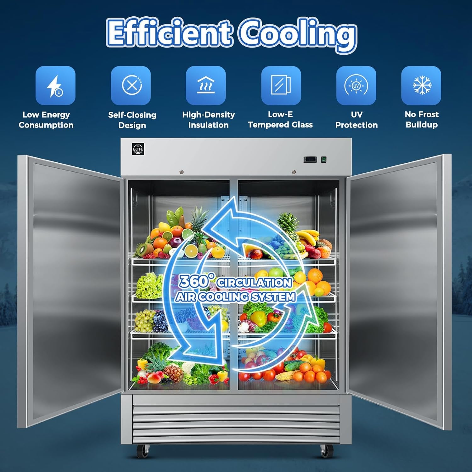 Commercial Upright Reach-In Refrigerator, ETL Restaurant 2 Door Fridge Cooler Merchandiser, Auto-Defrost, Stainless Steel 55" W 40.7 Cu. Ft. 13781