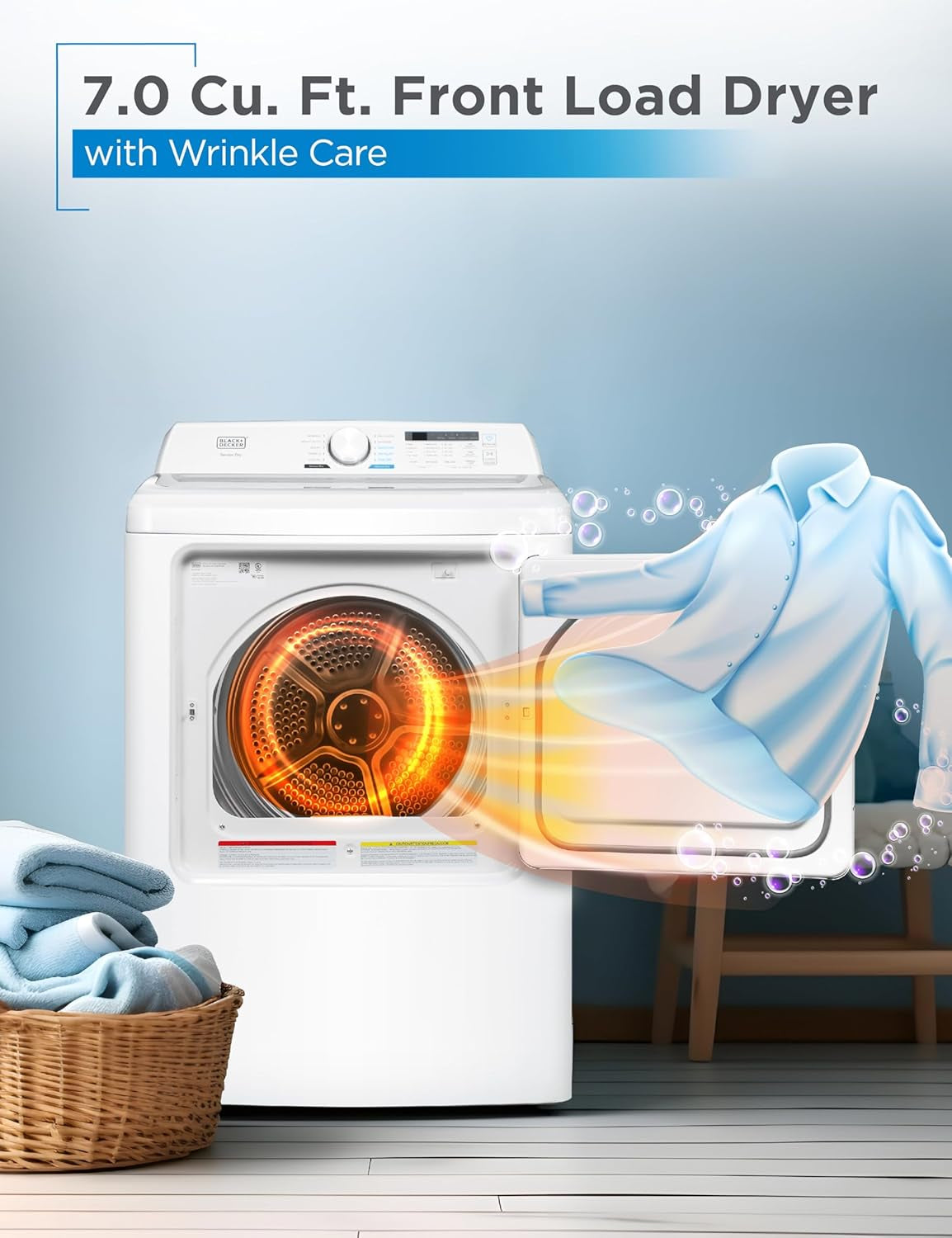 7.0 Cu. Ft. Front Load Dryer, Clothes Dryer with LED Display and Dial Control, 5 Senor and Manual Dry Selections, Wrinkle Care, 240V, BLD67ME, White