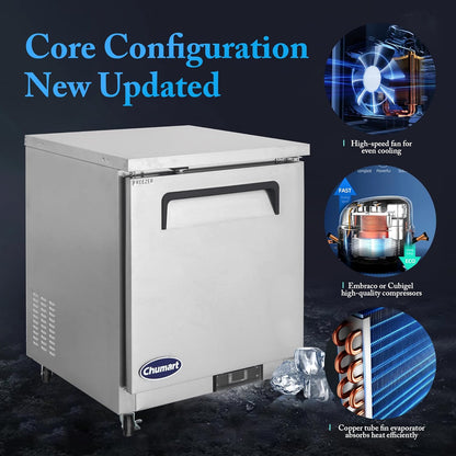 Commercial Freezer Worktop 28" W Single Door Undercounter Freezer, 6.5 Cu. Ft Reach-In Stainless Steel Internal Freezer Digital Temperature Control -10℉~10℉ for Restaurant, Storehouse, Diner