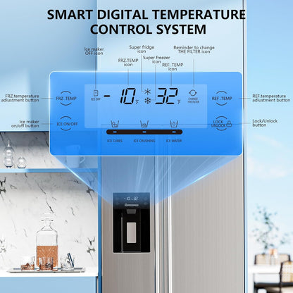 French Door Refrigerator with Side Freezer, Water Dispenser, Nugget and Cube Ice Maker, Adjustable Thermostat, 20 Cu Ft, Stainless Steel Finish