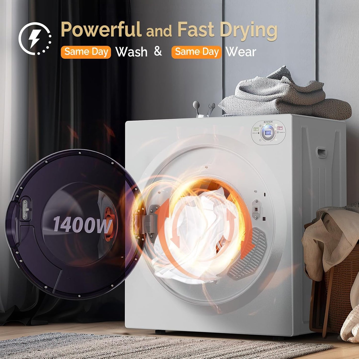 2.6 Cu.Ft Portable Clothes Dryer, 1400W Fast Drying Front Load Tumble Laundry Dryer with Stainless Steel Tub & LCD Control Panel Six-Mode for Apartment, Home, Dorm