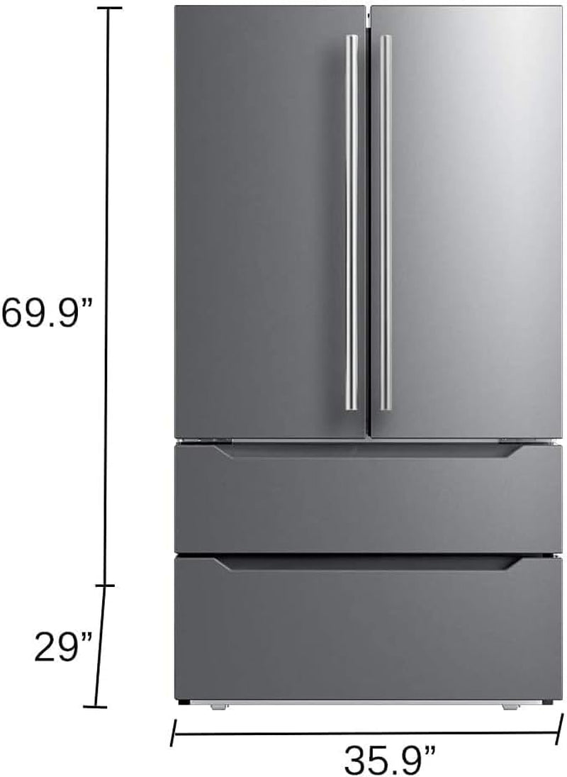 French Door Kitchen Refrigerator with Ice Maker, 23 Cu.Ft Counter Depth, 36 Inch Double Door with Bottom Freezer, Stainless Steel