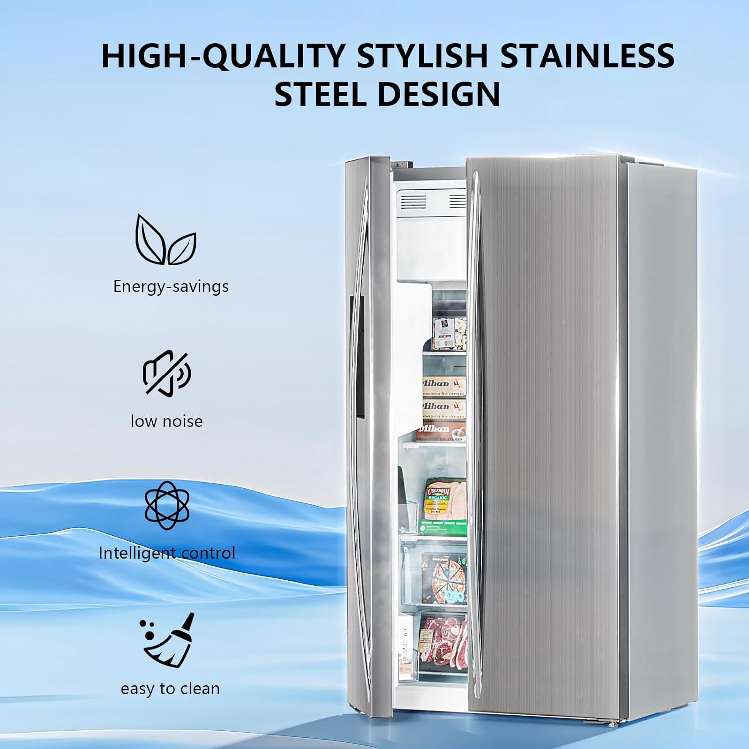 French Door Refrigerator with Side Freezer, Water Dispenser, Nugget and Cube Ice Maker, Adjustable Thermostat, 20 Cu Ft, Stainless Steel Finish