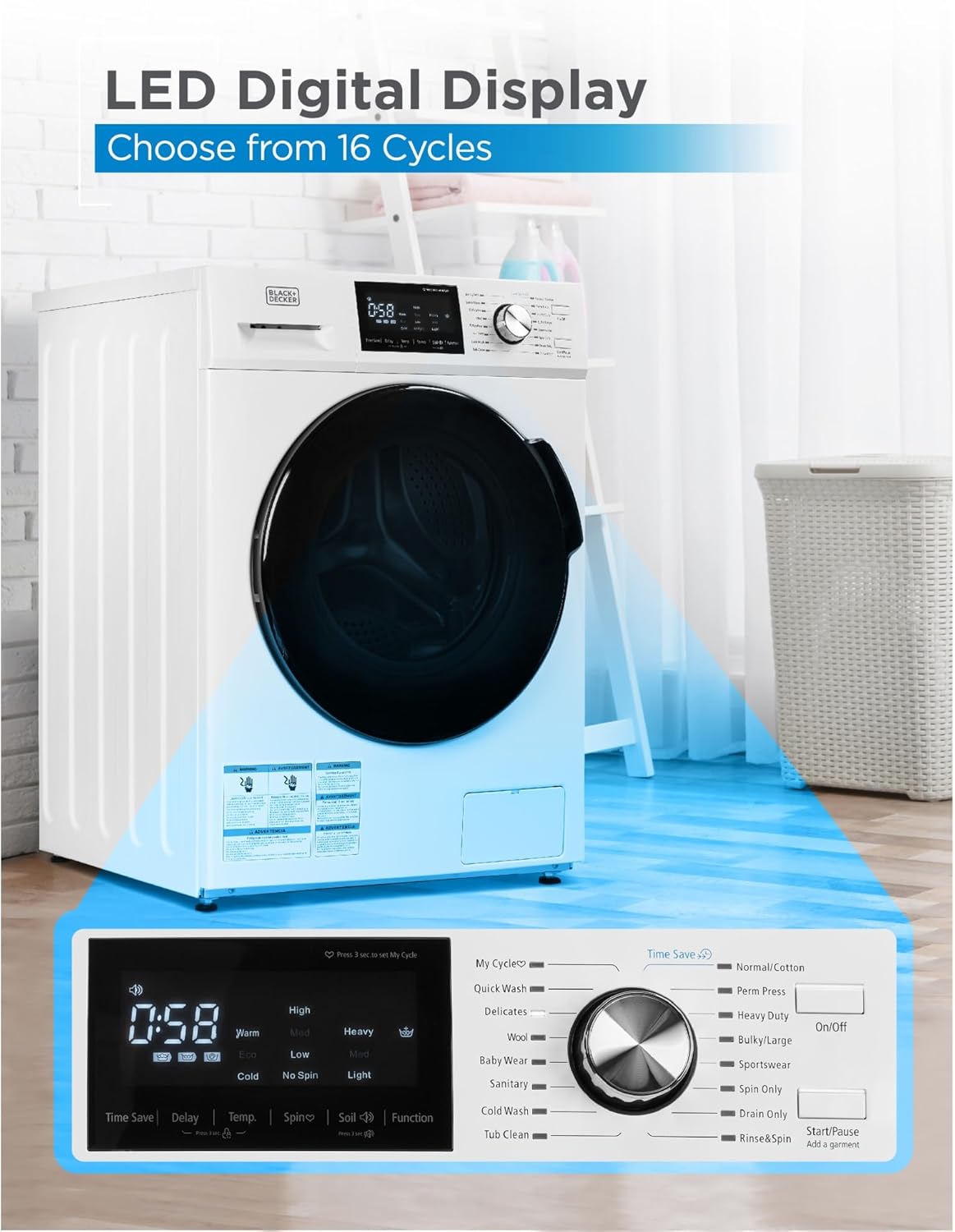 Front Load Washer, 2.7 Cu. Ft. Compact Washing Machine with LED Display & 16 Cycles