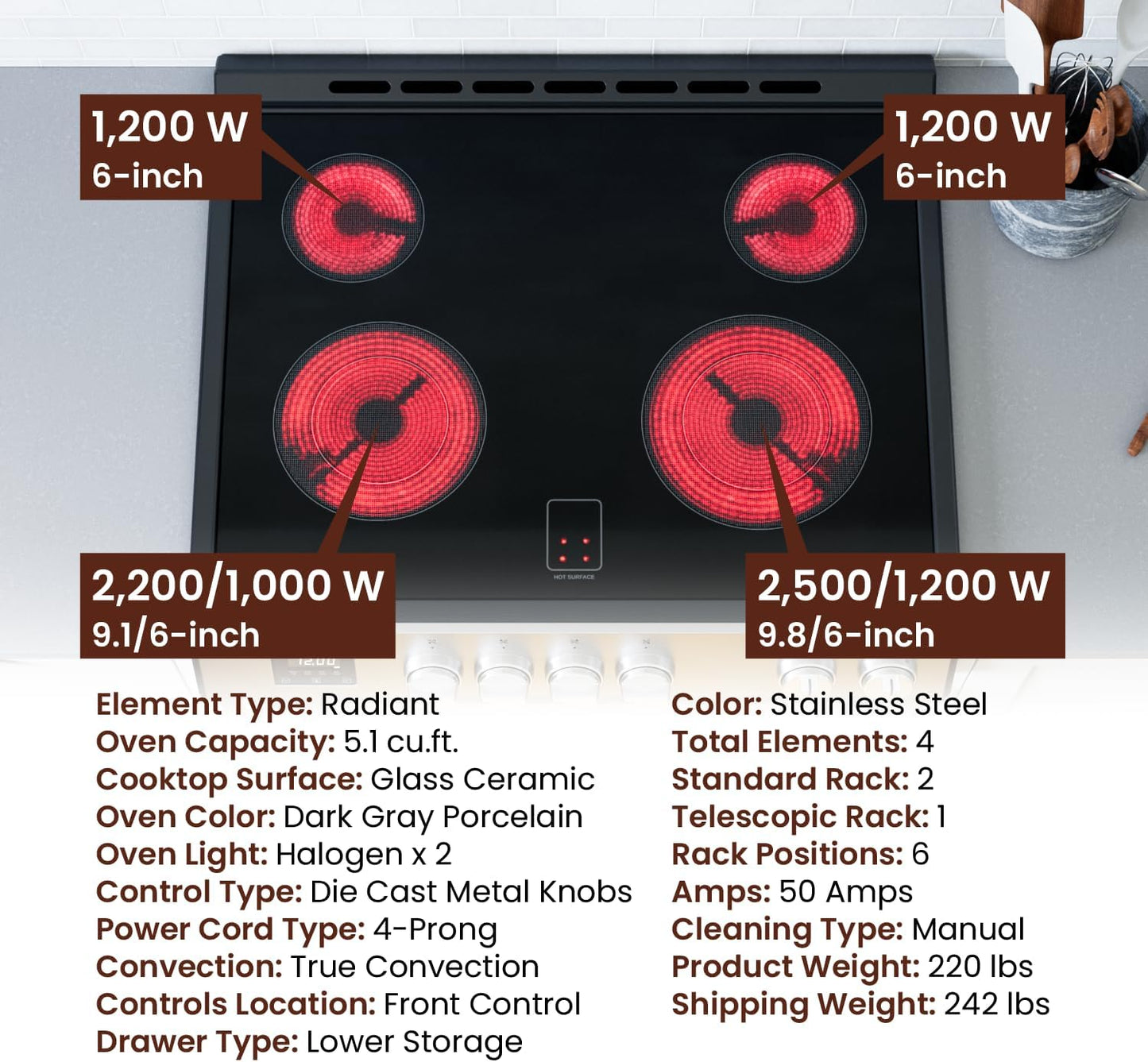 RRE303TS Electric Range Oven with Timer and Airfry Infrared Stove Burners, True Convection, Easy Reach Racks, 30", Stainless Steel
