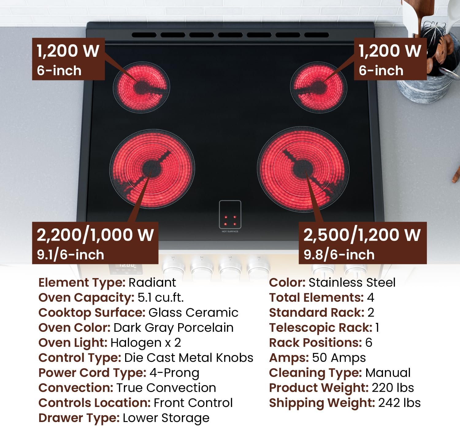 RRE303TS Electric Range Oven with Timer and Airfry Infrared Stove Burners, True Convection, Easy Reach Racks, 30", Stainless Steel