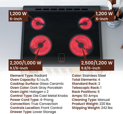 RRE303TS Electric Range Oven with Timer and Airfry Infrared Stove Burners, True Convection, Easy Reach Racks, 30", Stainless Steel