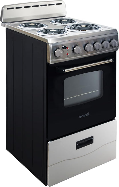ERU200P3S Electric Range Oven Compact Design, 2.1-Cu.Ft. Capacity with 4 Coil Burners, Framed Glass Door, Storage Drawer and Broiler with Pan Perfect for Apartments, 20-Inch, Stainless Steel