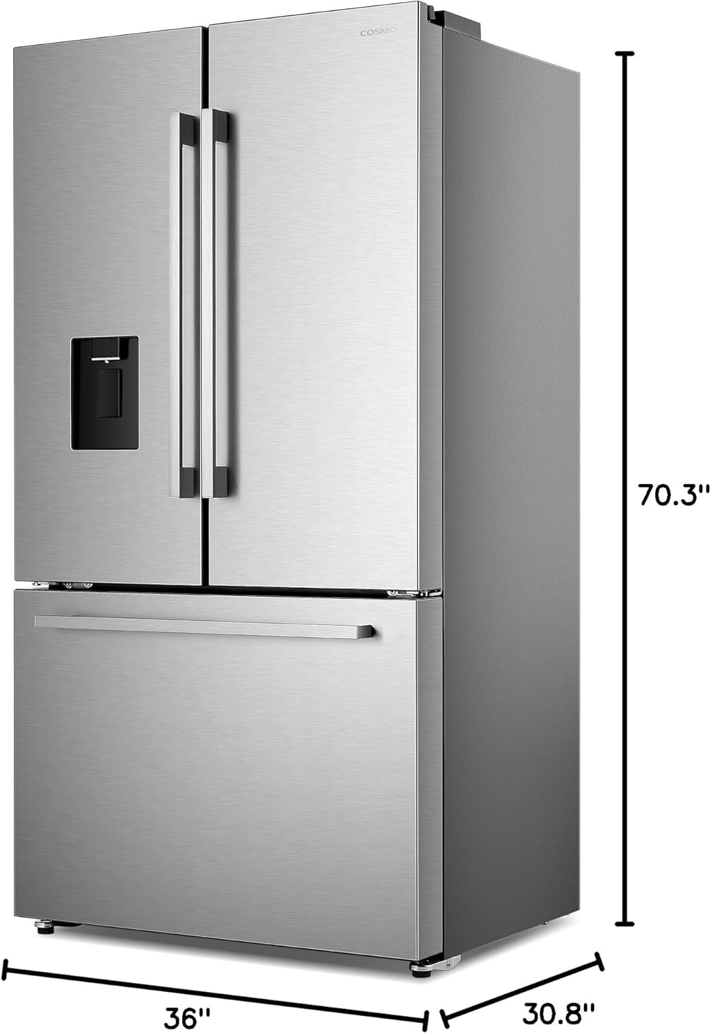  36 In. 3 French Door Refrigerator with Water Dispenser and Automatic Ice Maker in Stainless Steel, Counter Depth