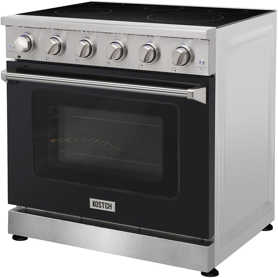 36 Inch Professional Electric Range with 5 Heating Elements Cooktop, 6.0 Cu. Ft. Convection Oven Capacity, Smooth Glass Top, in Stainless Steel, KOS-36RE06H (Black)