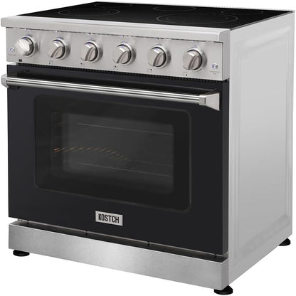 36 Inch Professional Electric Range with 5 Heating Elements Cooktop, 6.0 Cu. Ft. Convection Oven Capacity, Smooth Glass Top, in Stainless Steel, KOS-36RE06H (Black)