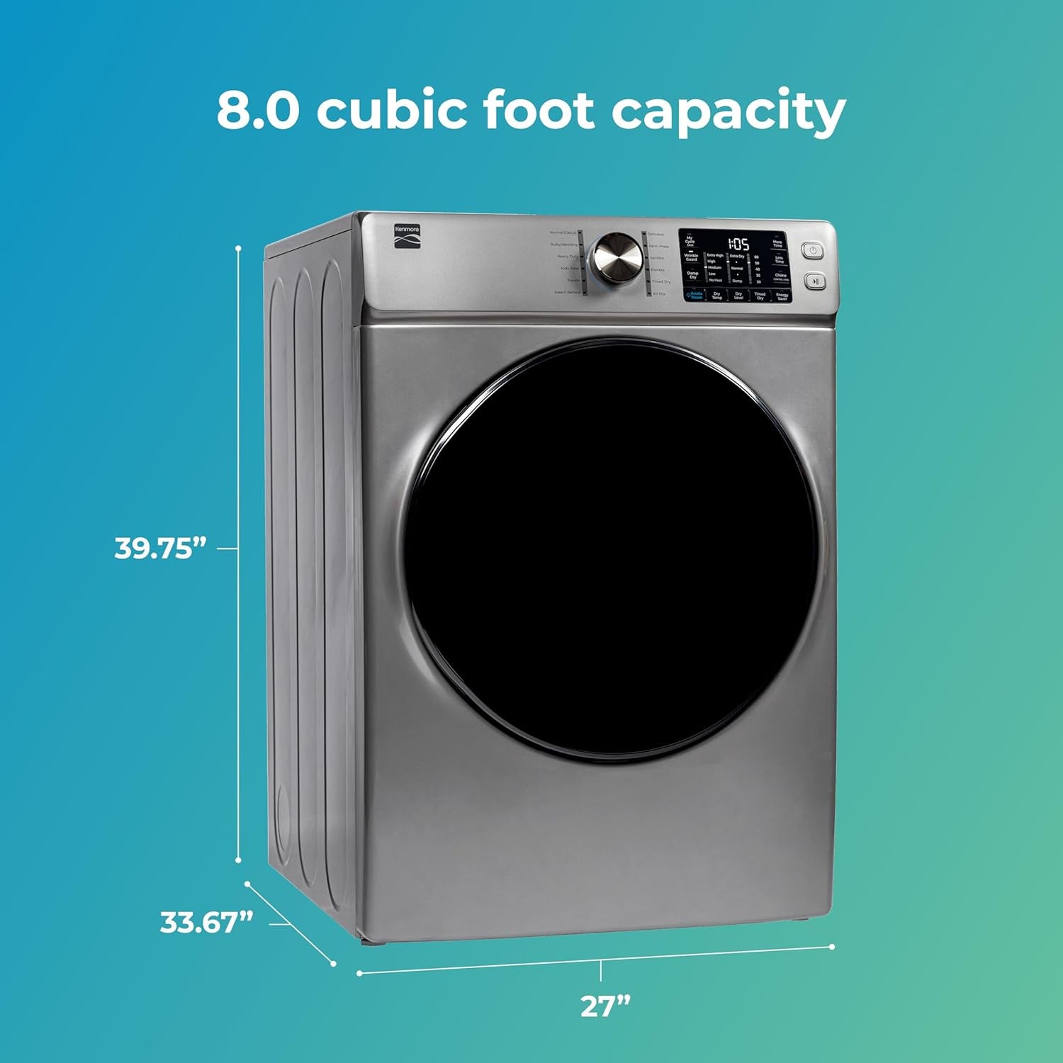 2682273 Front Load Electric Dryer with Steam, Wrinkle Guard, Energy Saver, Smart Sensor Drying System, 8.0 Cu. Ft. Total Capacity, Metallic Silver