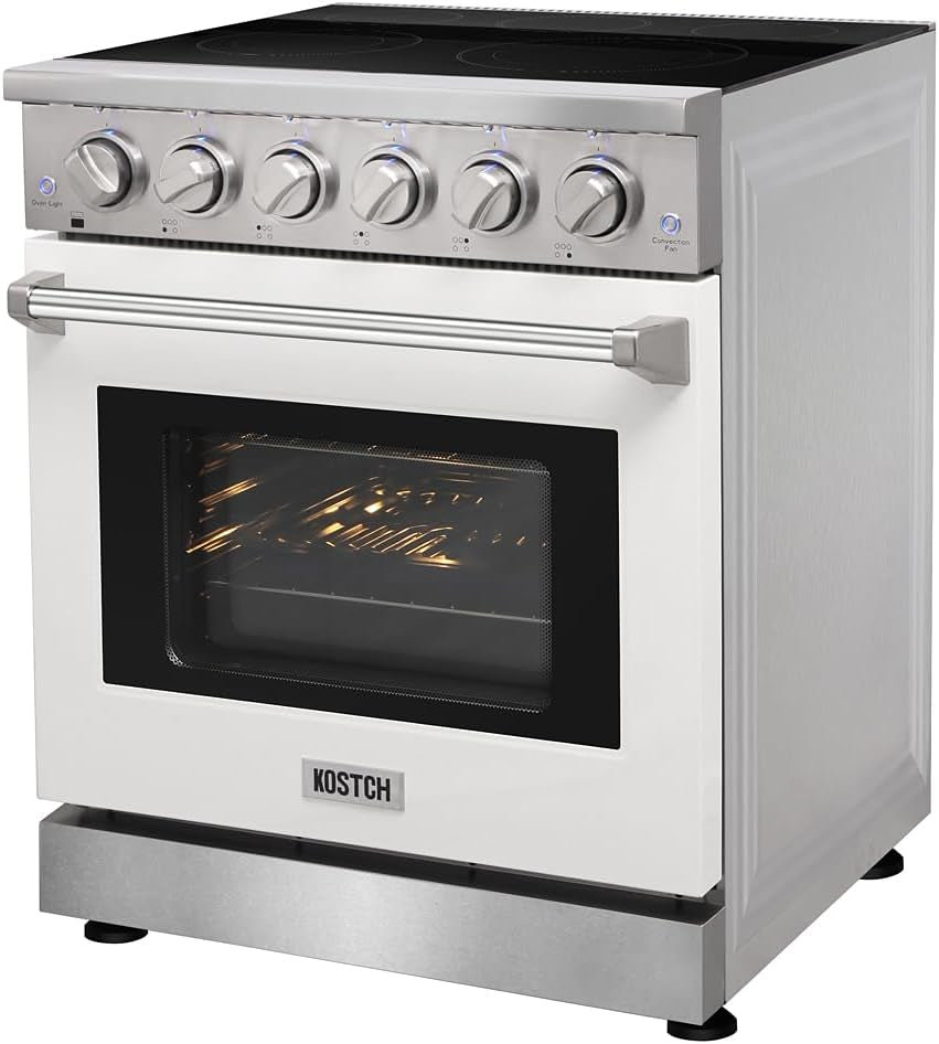 30 Inch Professional Electric Range with 5 Heating Elements Cooktop, 4.55 Cu. Ft. Convection Oven Capacity, Smooth Glass Top, in Stainless Steel, KOS-30RE06H (White)