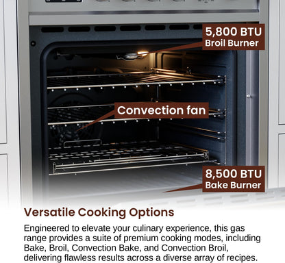 RRG241TS 24" Gas Range, 4 Sealed Burners, 3.0 Cu. Ft. Capacity, Freestanding Slide-In Convection Oven, Easy Reach Racks, Soft Close Door, Clock and Timer, Stainless Steel