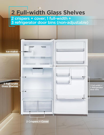 20.1 Cu. Ft. Top Mount Refrigerator with Ice Maker, 2-Door Refrigerator with Top Freezer, Freezer with Icemaker and Adjustable Temperature Control, ENERGY STAR, BR2010JIMW, White