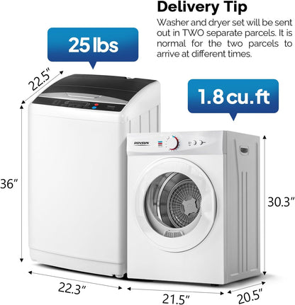 25LBS Full Automatic Washing Machine and 1.8Cuft Portable Clothes Dryer Set, Compact Laundry Washer and Dryer Combo Set with Stainless Steel Inner Tub, for Apartment, Dorms, Home