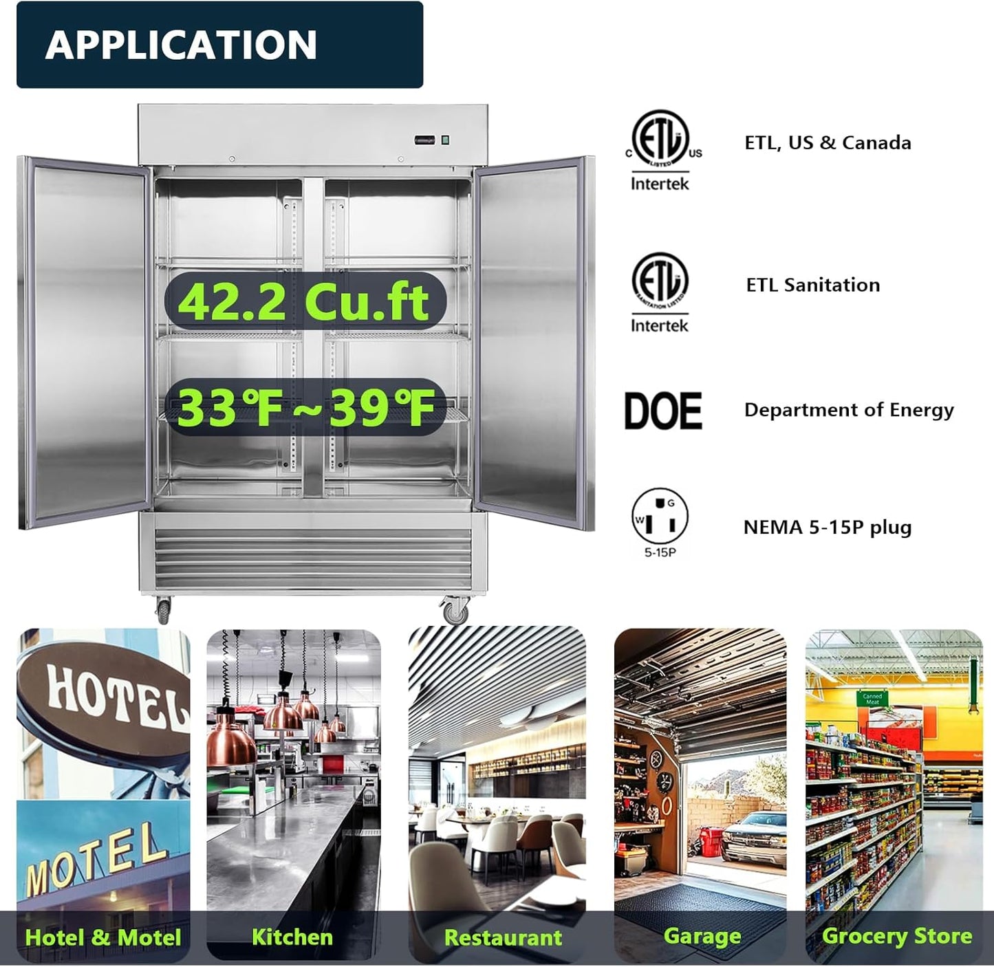54" W 2 Door Commercial Refrigerator, Reach-In Refrigerator Stainless Steel Fridge for Restaurant Kitchen Bakery Garage, 42.2 Cu. Ft Refrigerators for Bar Shop School Church
