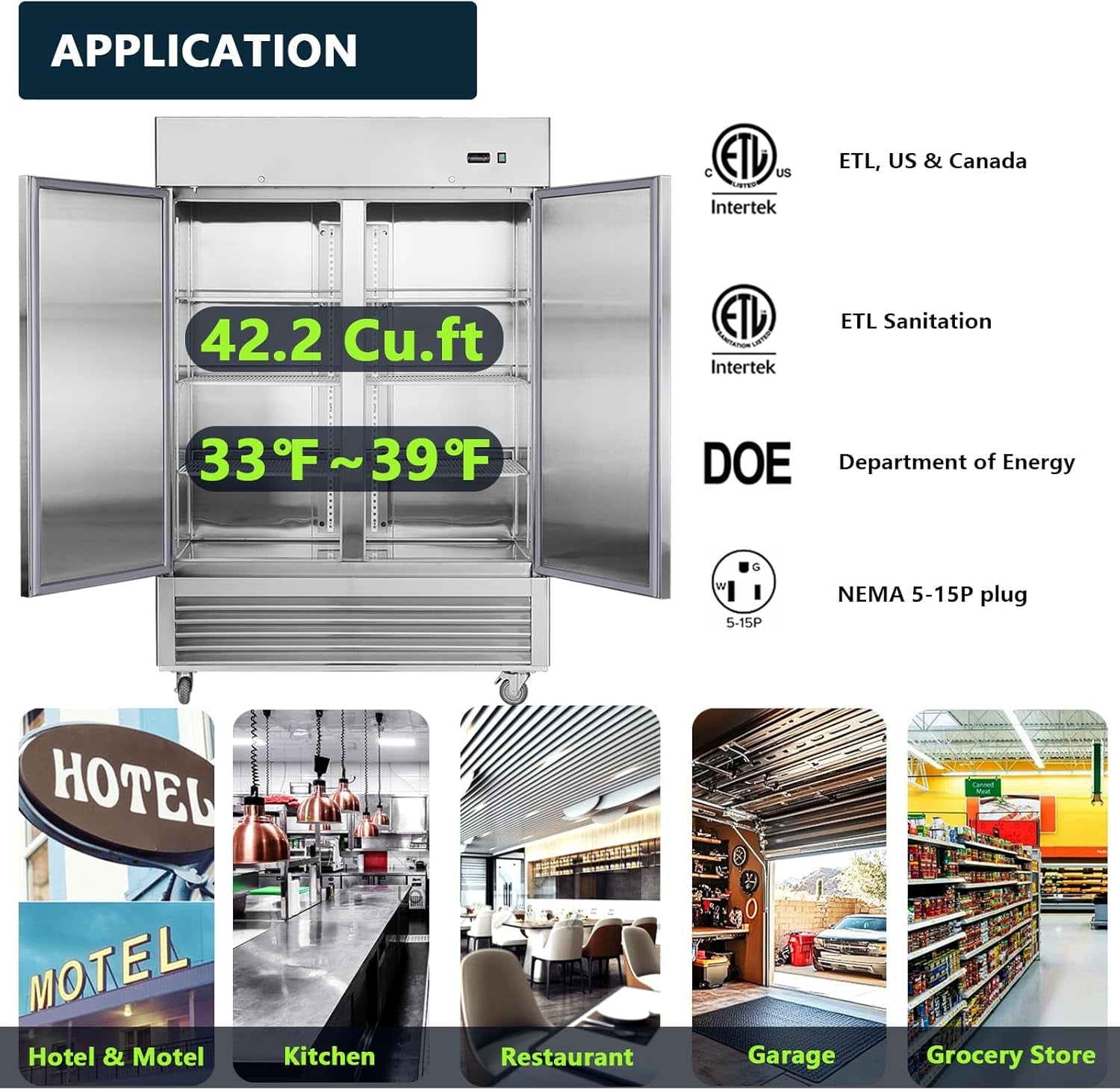 54" W 2 Door Commercial Refrigerator, Reach-In Refrigerator Stainless Steel Fridge for Restaurant Kitchen Bakery Garage, 42.2 Cu. Ft Refrigerators for Bar Shop School Church