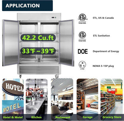54" W 2 Door Commercial Refrigerator, Reach-In Refrigerator Stainless Steel Fridge for Restaurant Kitchen Bakery Garage, 42.2 Cu. Ft Refrigerators for Bar Shop School Church