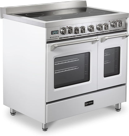 Prestige Series VPFSEE365DW 36 Inch All Electric Freestanding Range Double Oven Convection, 5 Burners Dual Center Element Chrome Knobs and Handle True White