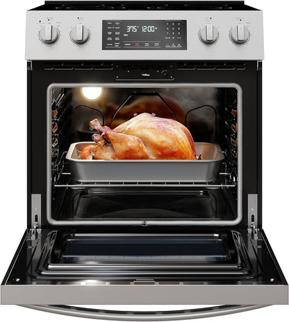 Front Control Electric Range Oven with 5 Cooktop Elements with 7 Cooking Power Options, True Convection, Steam and Self Clean, Freestanding Oven, 4.8 Cu. Ft. Capacity Stainless Steel
