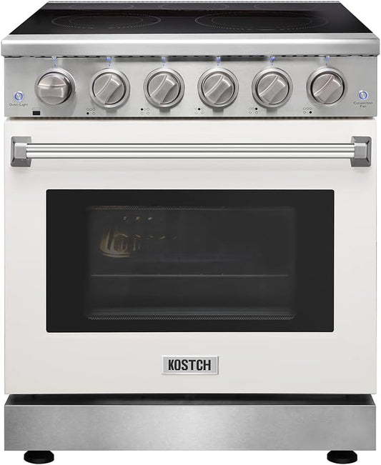 30 Inch Professional Electric Range with 5 Heating Elements Cooktop, 4.55 Cu. Ft. Convection Oven Capacity, Smooth Glass Top, in Stainless Steel, KOS-30RE06H (White)