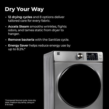 2682273 Front Load Electric Dryer with Steam, Wrinkle Guard, Energy Saver, Smart Sensor Drying System, 8.0 Cu. Ft. Total Capacity, Metallic Silver