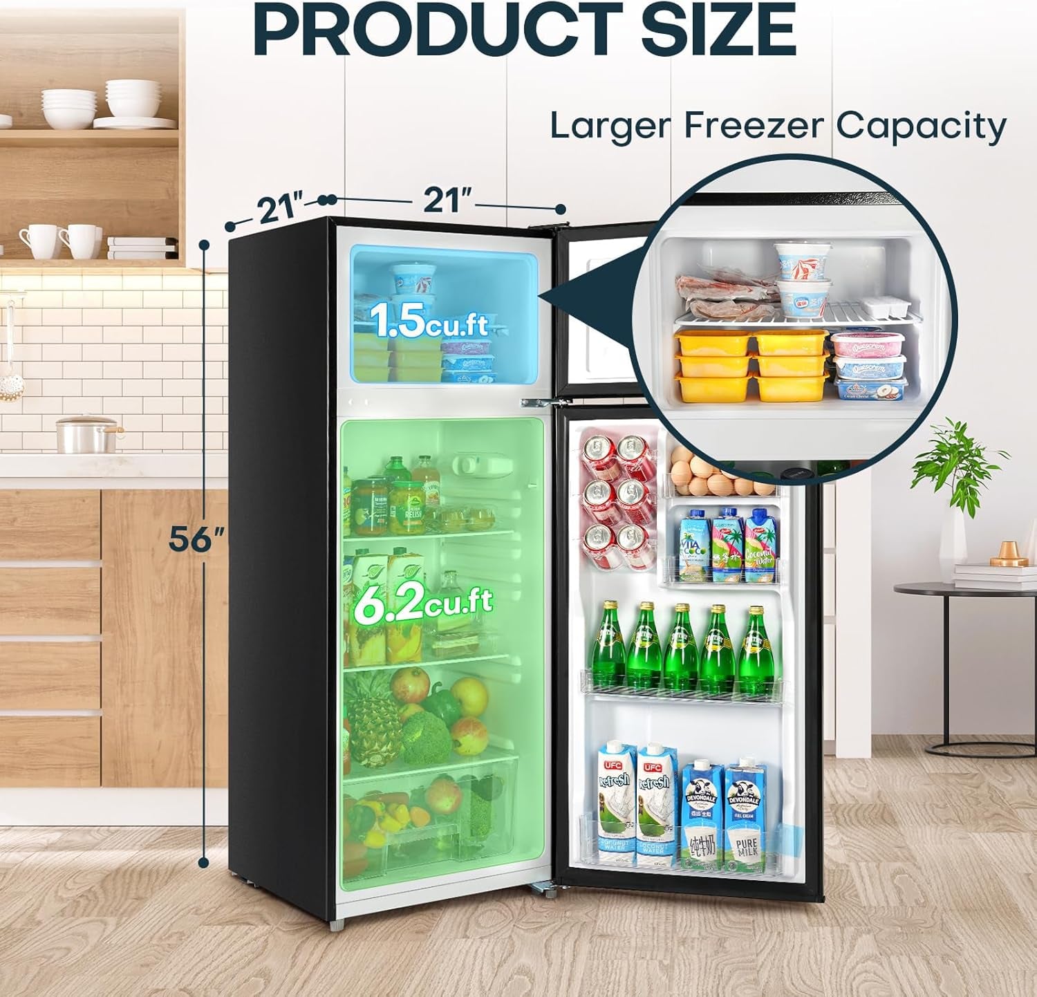 7.7 Cu.Ft. Refrigerator with Freezer, Double Door Fridge, Adjustable Thermostat, Large Capacity, Reversible Door Swing, Refrigerator for Apartment, Office, Dorm, Black（Bd75）