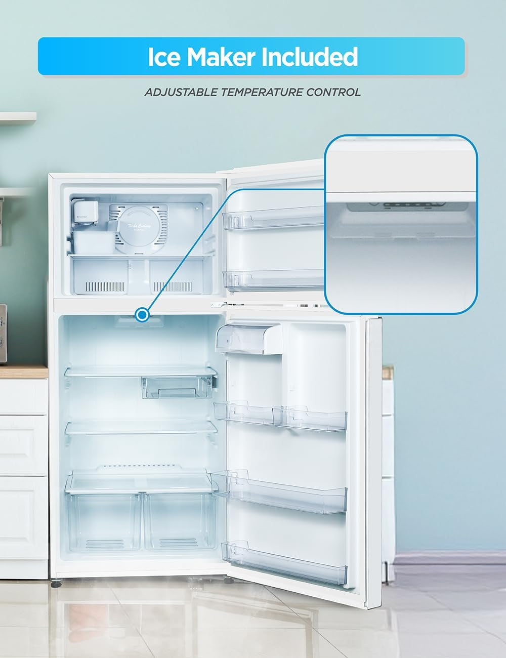 18 Cu. Ft. Top Mount Refrigerator with Ice Maker, 2-Door Refrigerator with Top Freezer, Freezer with Icemaker and Adjustable Temperature Control, Energy Star Certified, White