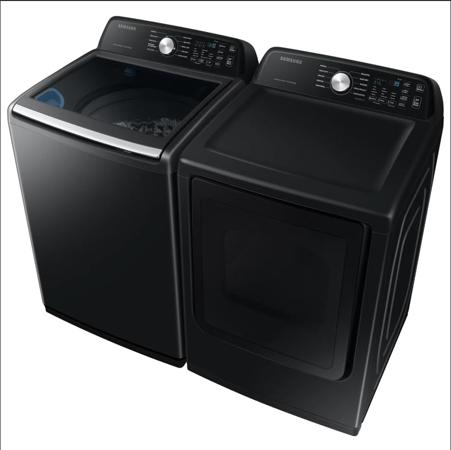 Smart 4.7 Cu Ft Top Load Washer & 7.4 Cu Ft Electric Dryer, Sensor Stops Overdrying, Low Vibration Quiet Wash, Waterjet W/Power Cords, Hoses, Vent Duct, 1 Year CPS Protection Bundle (Black)