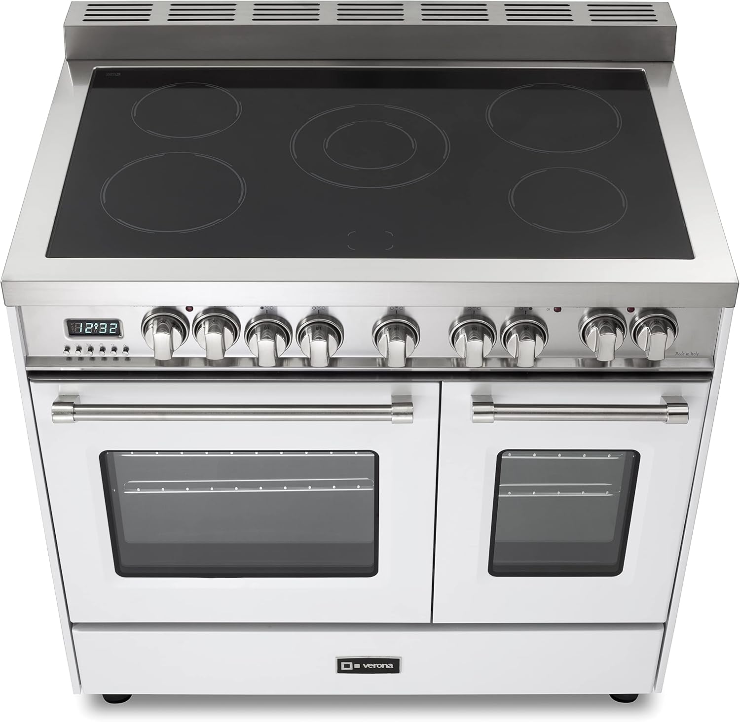 Prestige Series VPFSEE365DW 36 Inch All Electric Freestanding Range Double Oven Convection, 5 Burners Dual Center Element Chrome Knobs and Handle True White