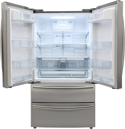 French Door Refrigerator with Ice Maker and Dual Drawer Bottom Freezer, 20.7 Cu.Ft. Capacity with Adjustable Shelves Counter Depth Stainless Steel Exterior, 36-Inch, Metallic