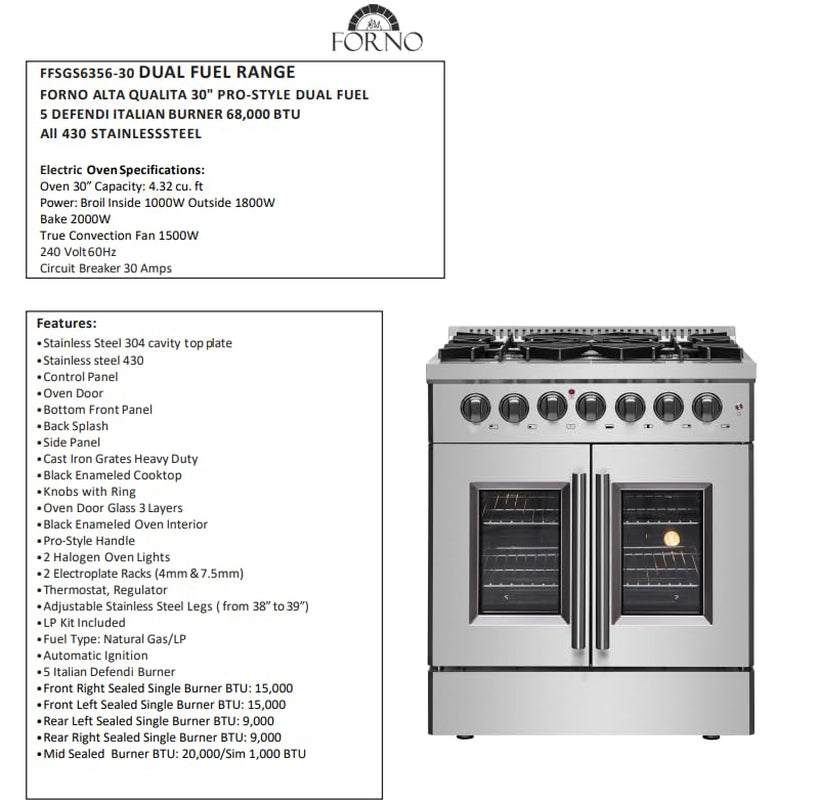 Galiano 30" French Door Dual Fuel Range, White & Antique Brass, 4.32 Cu.Ft. True Convection Oven