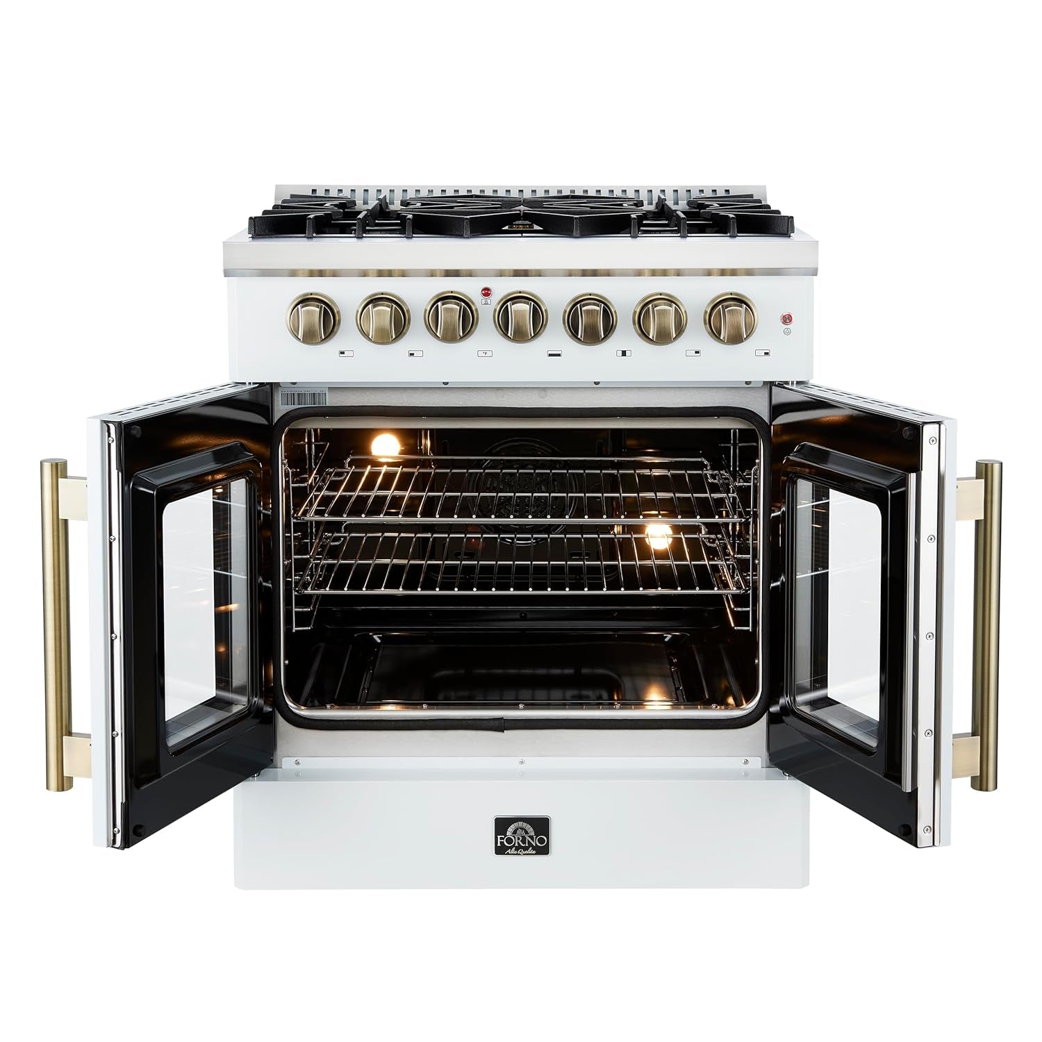 Galiano 30" French Door Dual Fuel Range, White & Antique Brass, 4.32 Cu.Ft. True Convection Oven