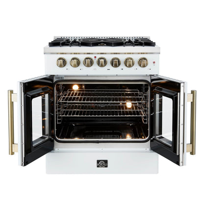 Galiano 30" French Door Dual Fuel Range, White & Antique Brass, 4.32 Cu.Ft. True Convection Oven