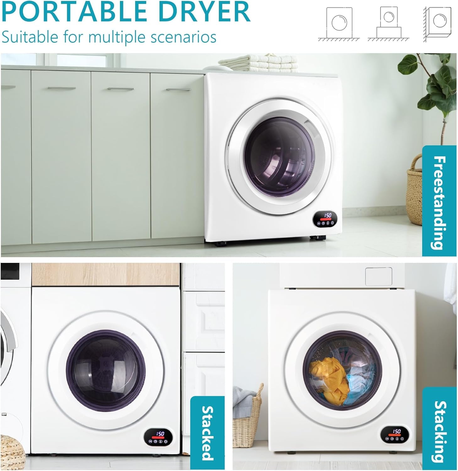 Compact Laundry Dryer, 3.5 Cu Ft Front Load Stainless Steel Clothes Dryers with Exhaust Pipe, 1500W, LCD Control Panel Four-Function Portable Dryer for Apartments, Home, Dorm, White