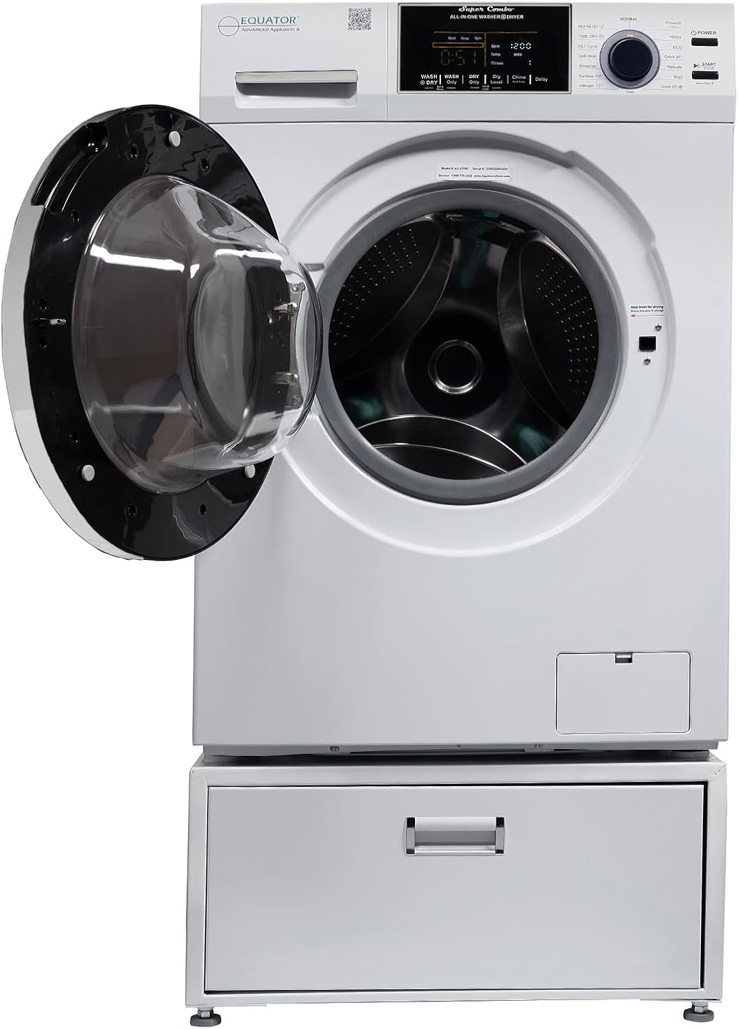 Equator All-In-One Washer Dryer Ventless FULLY BUILTIN 0-CLEARANCE 1.62Cf/15Lbs 110V 1400RPM with Pedestal + ADA (White)