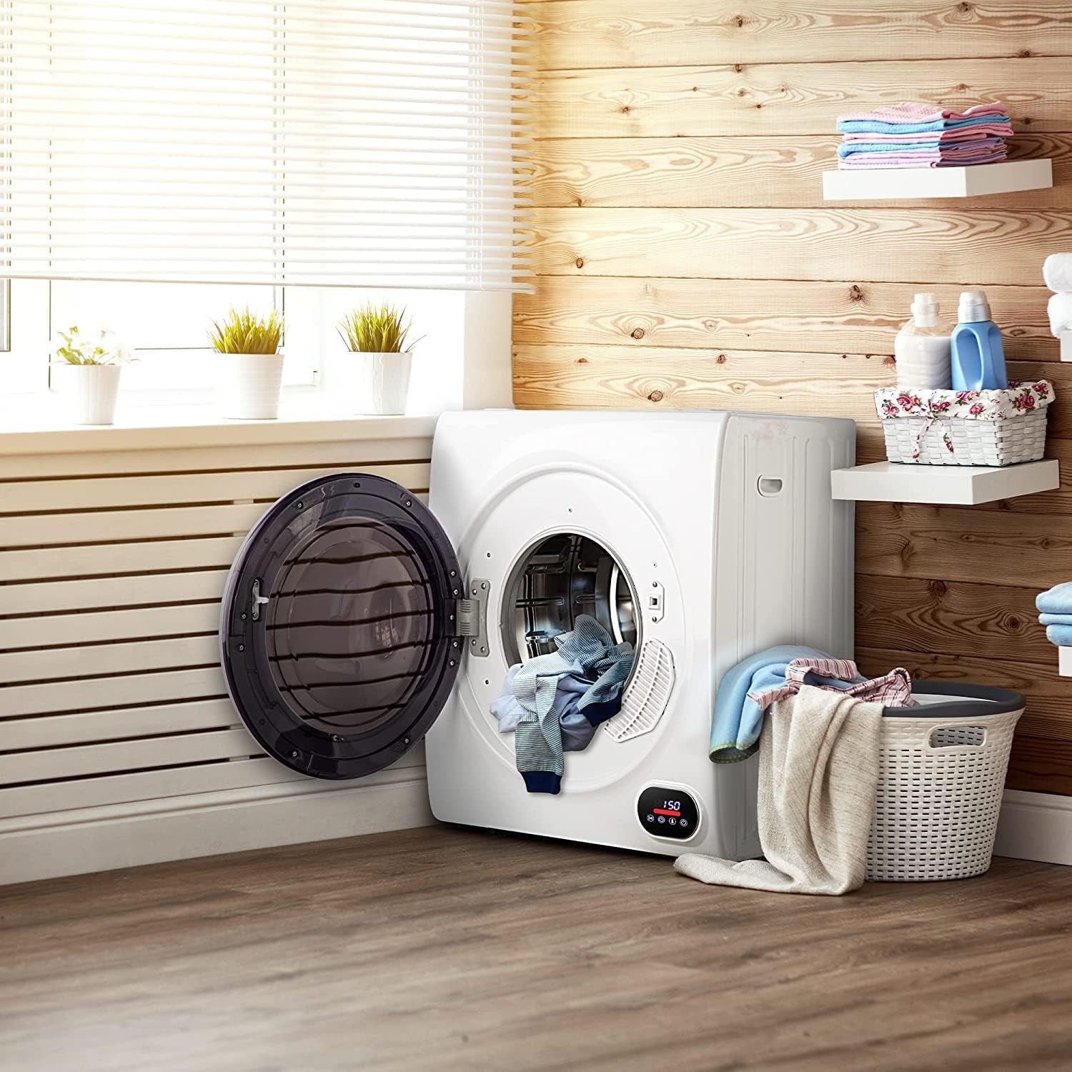 Compact Laundry Dryer, 3.5 Cu Ft Front Load Stainless Steel Clothes Dryers with Exhaust Pipe, 1500W, LCD Control Panel Four-Function Portable Dryer for Apartments, Home, Dorm, White