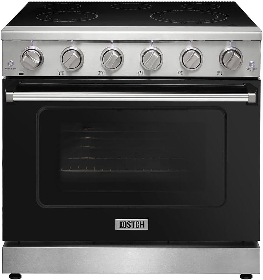 36 Inch Professional Electric Range with 5 Heating Elements Cooktop, 6.0 Cu. Ft. Convection Oven Capacity, Smooth Glass Top, in Stainless Steel, KOS-36RE06H (Black)