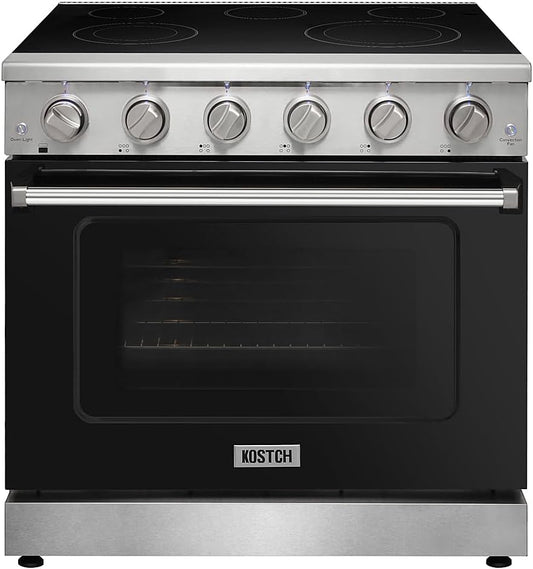 36 Inch Professional Electric Range with 5 Heating Elements Cooktop, 6.0 Cu. Ft. Convection Oven Capacity, Smooth Glass Top, in Stainless Steel, KOS-36RE06H (Black)