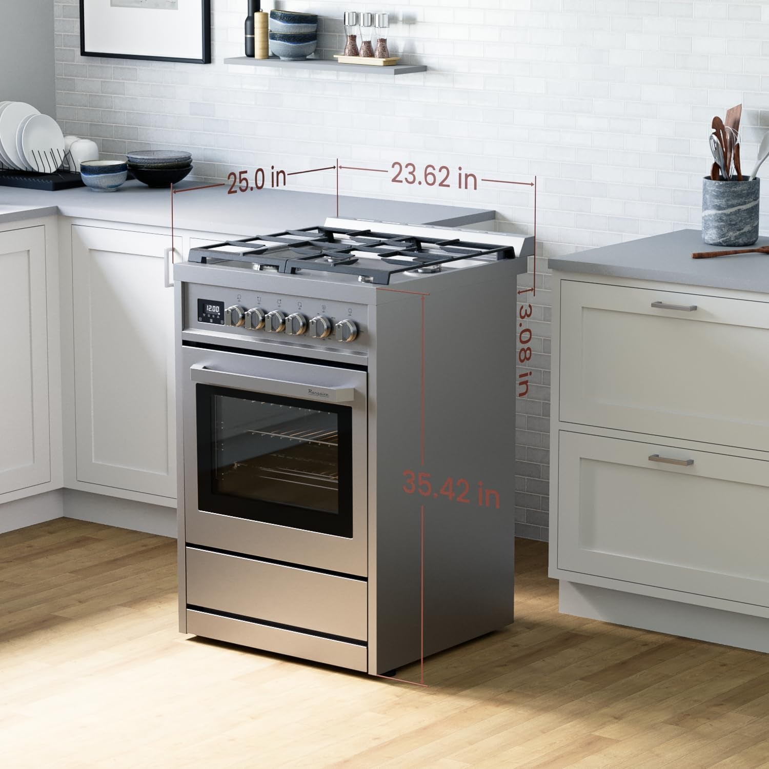 RRG241TS 24" Gas Range, 4 Sealed Burners, 3.0 Cu. Ft. Capacity, Freestanding Slide-In Convection Oven, Easy Reach Racks, Soft Close Door, Clock and Timer, Stainless Steel