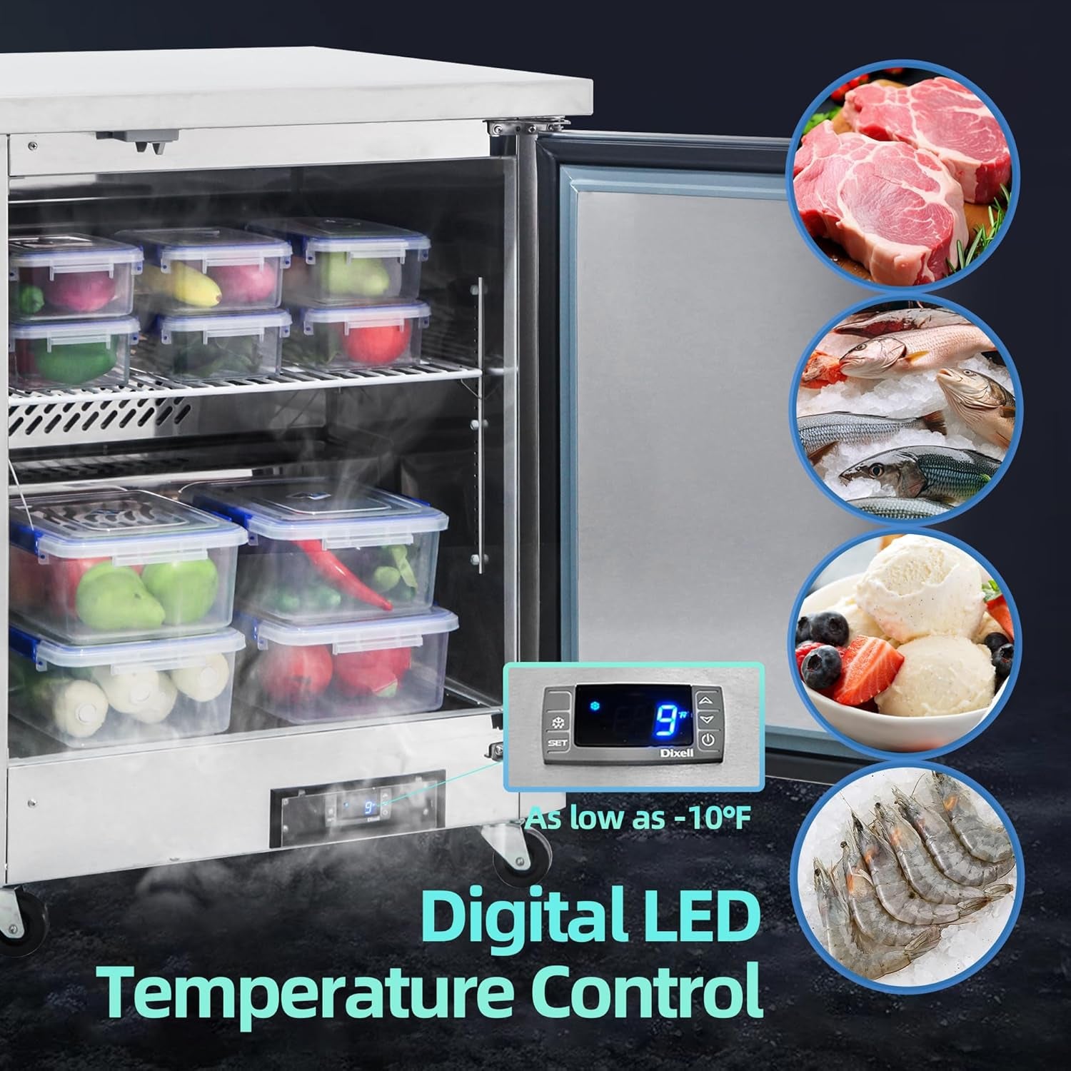 Commercial Freezer Worktop 28" W Single Door Undercounter Freezer, 6.5 Cu. Ft Reach-In Stainless Steel Internal Freezer Digital Temperature Control -10℉~10℉ for Restaurant, Storehouse, Diner