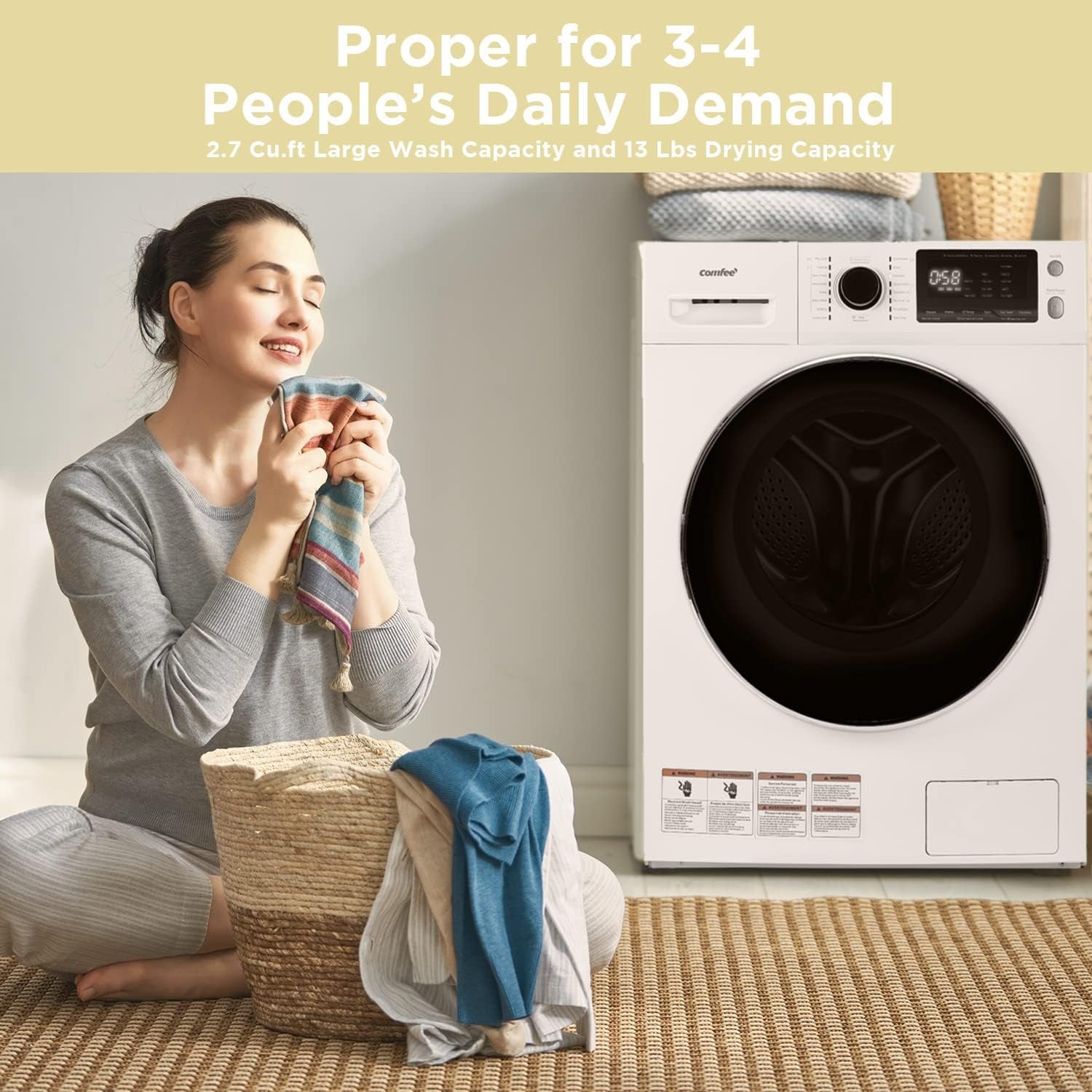 COMFEE’ 24" Washer and Dryer Combo 2.7 Cu.Ft 26Lbs Washing Machine Steam Care, Overnight Dry, No Shaking Front Load Full-Automatic Machine, Dorm White