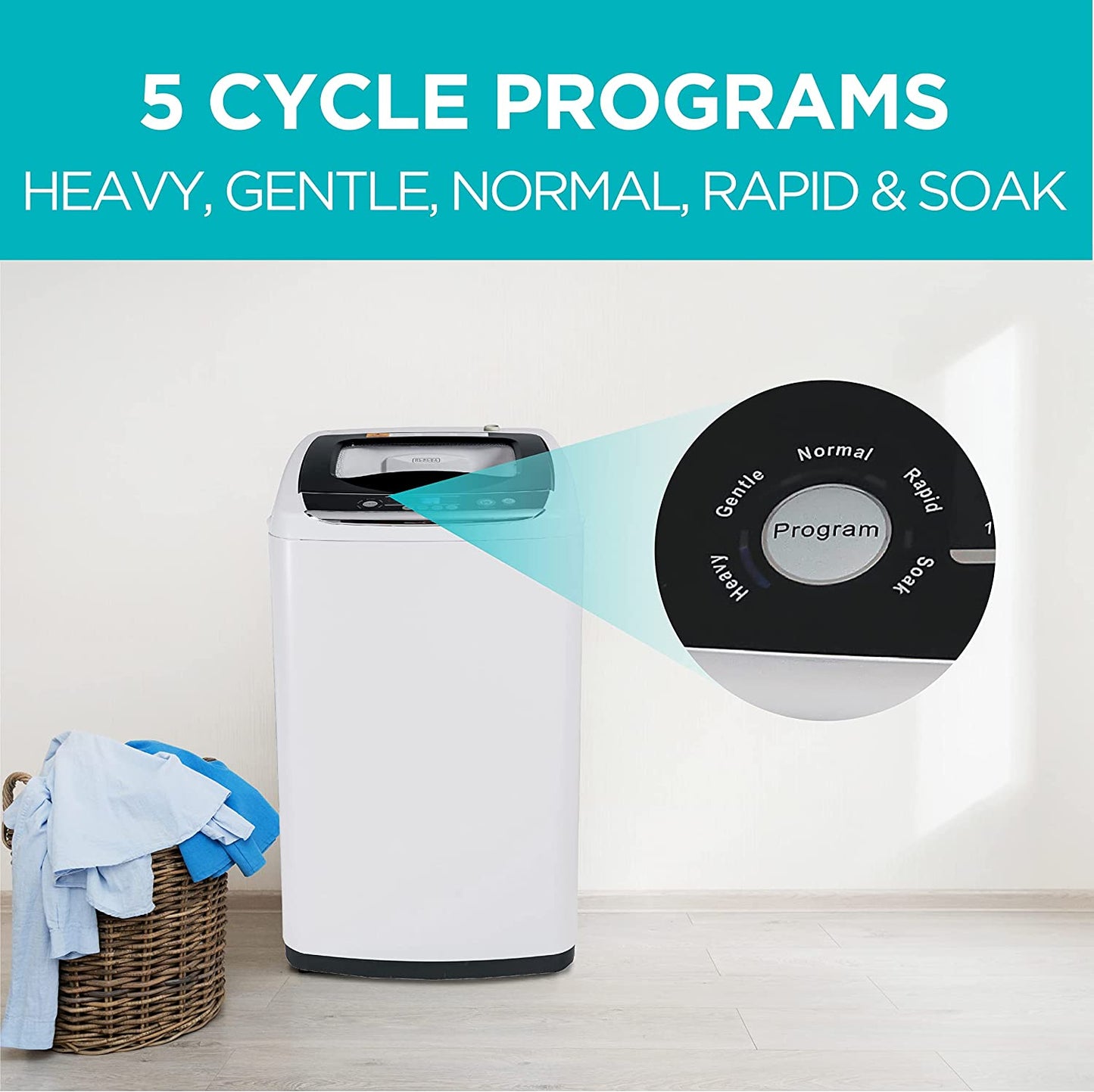 0.9 Cu. Ft. Portable Washer, 6.6 Lb. Capacity Washing Machine for Homes & Apartments, 5 Wash Cycles, Quick Connect Sink Adapter and Drain Hose Included, Transparent Lid, BPWM09W, White
