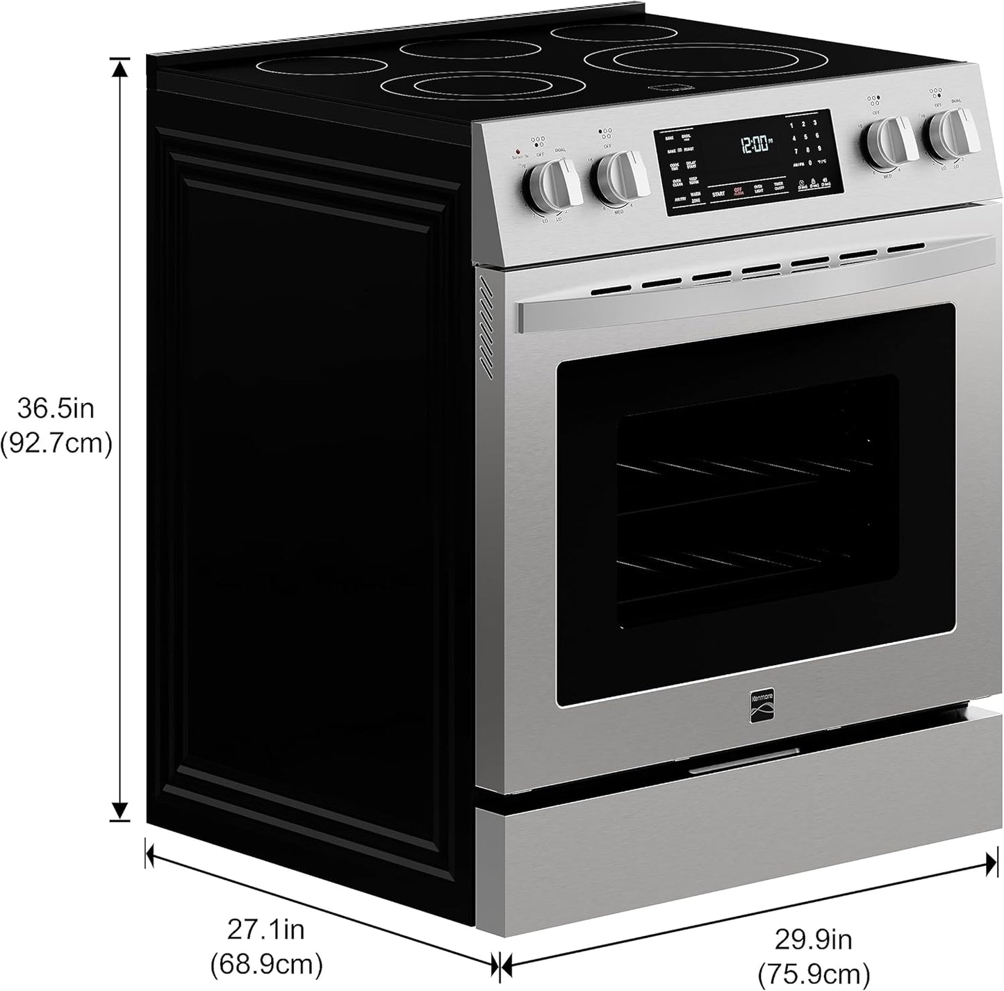 Front Control Electric Range Oven with 5 Cooktop Elements with 7 Cooking Power Options, True Convection, Steam and Self Clean, Freestanding Oven, 4.8 Cu. Ft. Capacity Stainless Steel