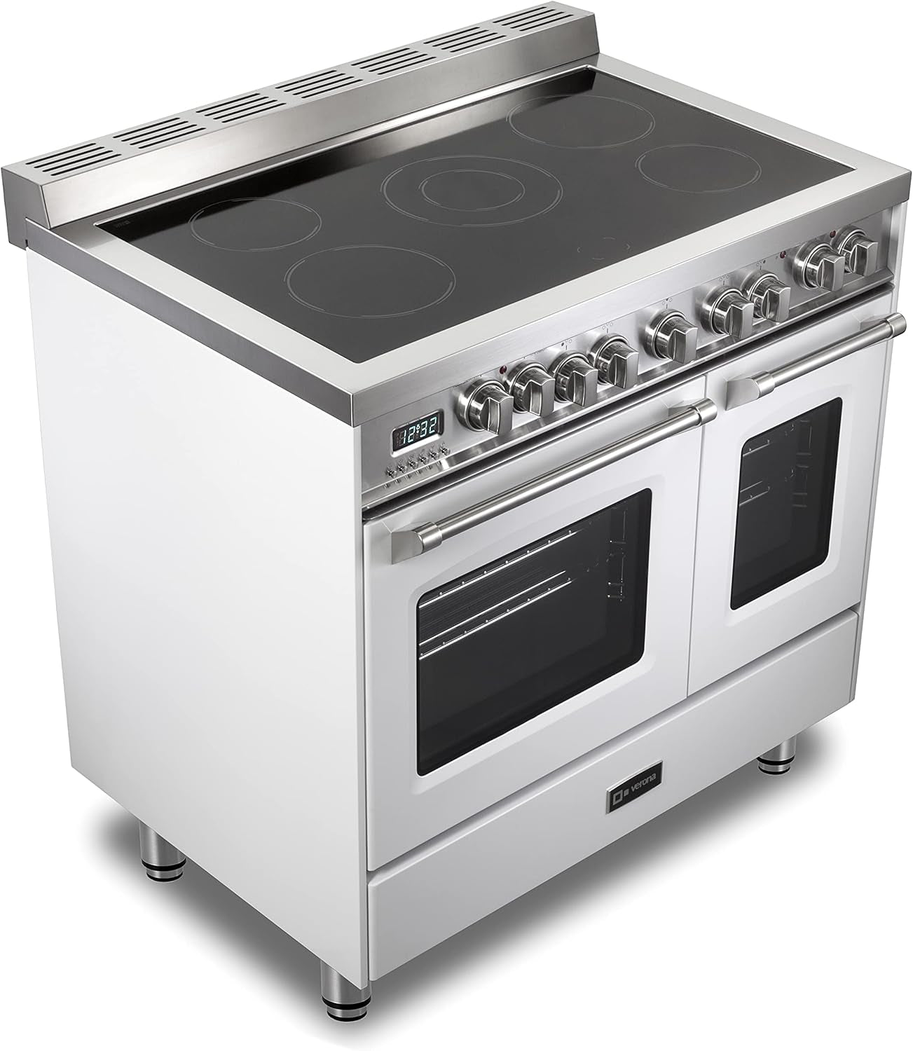 Prestige Series VPFSEE365DW 36 Inch All Electric Freestanding Range Double Oven Convection, 5 Burners Dual Center Element Chrome Knobs and Handle True White