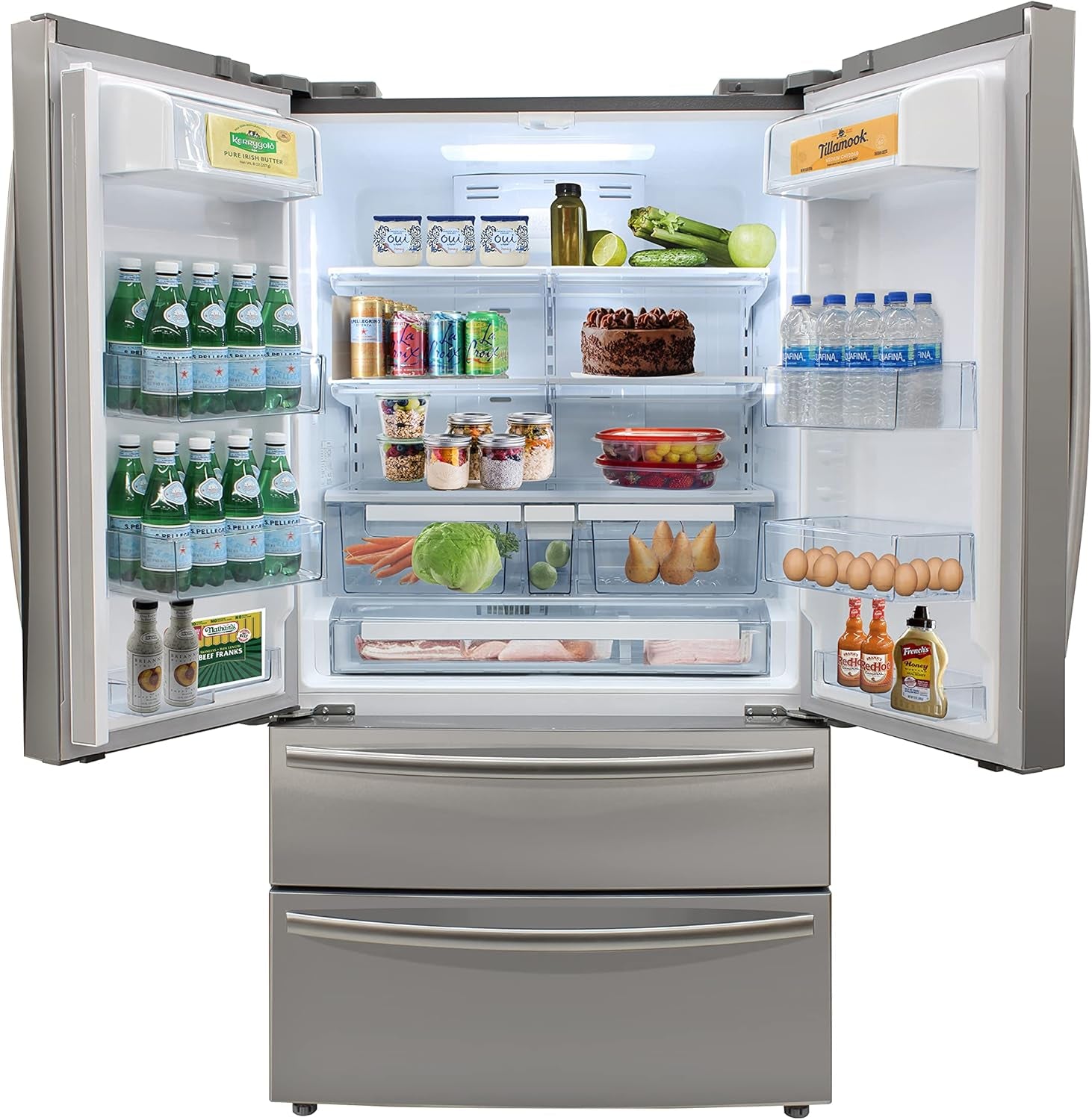French Door Refrigerator with Ice Maker and Dual Drawer Bottom Freezer, 20.7 Cu.Ft. Capacity with Adjustable Shelves Counter Depth Stainless Steel Exterior, 36-Inch, Metallic