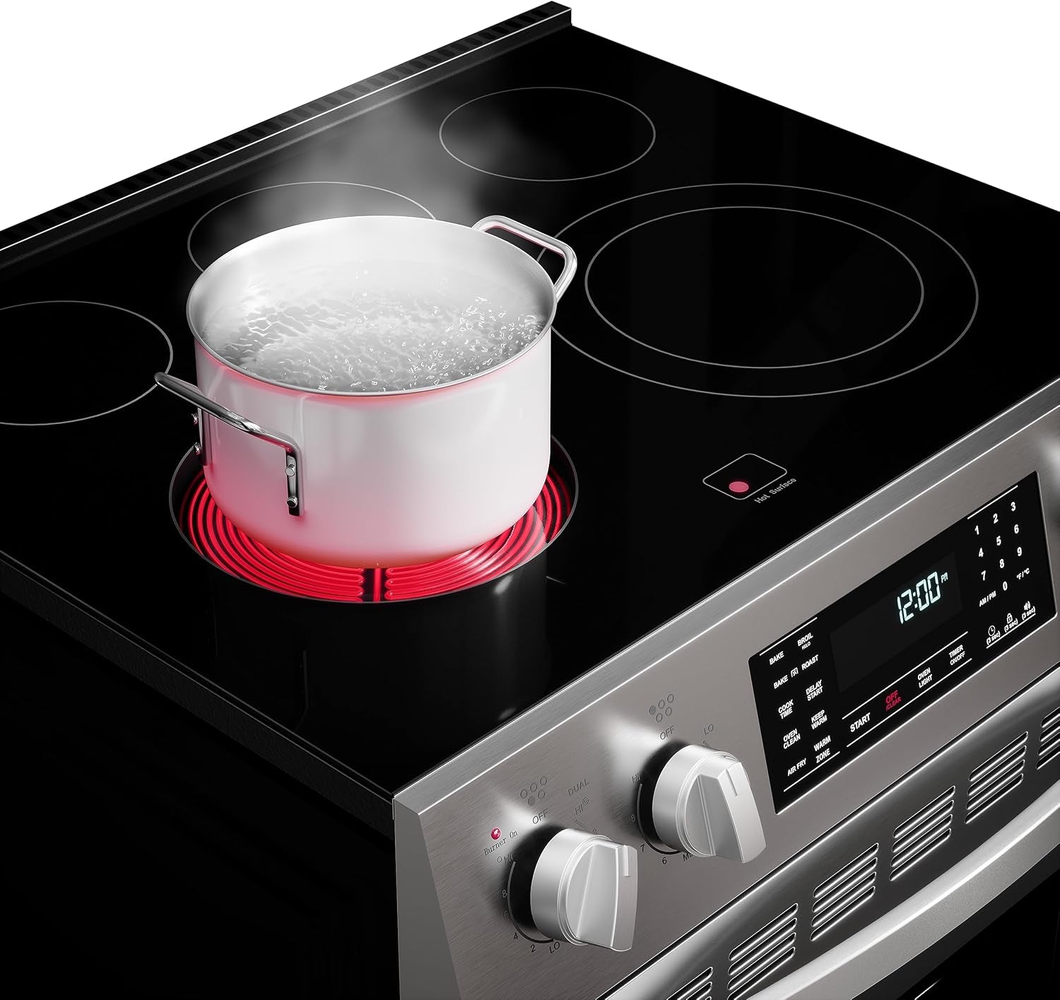 Front Control Electric Range Oven with 5 Cooktop Elements with 7 Cooking Power Options, True Convection, Steam and Self Clean, Freestanding Oven, 4.8 Cu. Ft. Capacity Stainless Steel